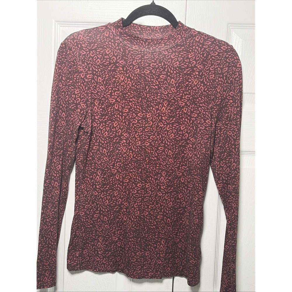 Ted Baker Mock Neck Leopard Print Top Womens Size 2 Burgundy Animal Long Sleeve